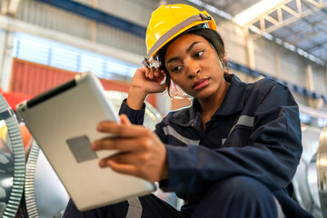 Professional labor machanic engineer technician worker industrial african woman working control with machine,  manufacturing,  factory, production line, Indusry 4.0, robot.business industry