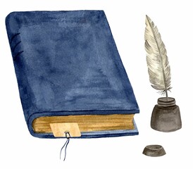 Blue book with bookmark and feather in an inkwell. Watercolor hand drawn illustration isolated on white background. Template for design cards, flyers and invitations.