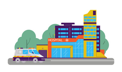 Hospital or clinic building with ambulance car flat vector illustration isolated. © Kudryavtsev