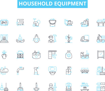 Household equipment linear icons set. Blender, Dishwasher, Refrigerator, Microwave, Toaster, Oven, Vacuum line vector and concept signs. Washer,Dryer,Iron outline illustrations