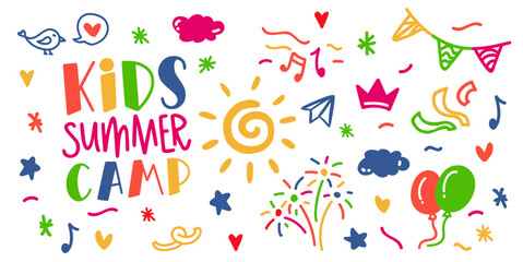 Kids summer camp. Colorfull illustration. Summer camp template poster, flyer, banner. Kids fun vector illustration. Hand drawn lettering typography text. Summer camp letters logo for print design.