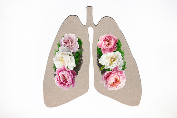 Paper silhouette of anatomical lungs with natural colors on white background. The concept of healthy breathing. Flat lay, top view.