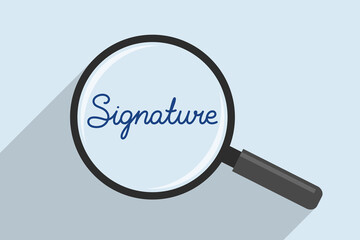 Magnifying glass and signature, concept of document signing