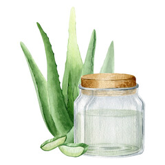 Glass jar with aloe vera juice. Mash and aloe succulent leaves. Watercolor illustration drawn by hands. Isolated on a white background.