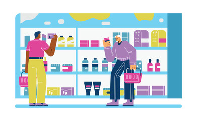 People buying pharmaceutical drugs in pharmacy shop, flat vector illustration isolated on white background.