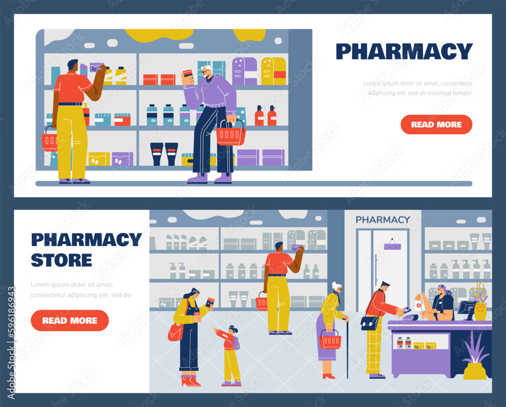 Wall mural pharmacy store advertising web banners set, flat vector illustration isolated on white background.