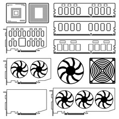 Set of silhouettes and outlines of PC hardware and computer parts isolated on white background. CPU, video graphics card, RAM. Clipart.