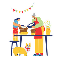 Grandma and child making Easter festive cakes, flat cartoon vector illustration.