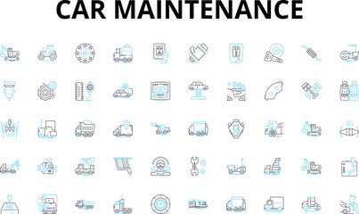 Car maintenance linear icons set. Oil change, Brake pads, Alignment, Battery, Radiator, Transmission, Spark plugs vector symbols and line concept signs. Tire rotation,Coolant,Filters illustration - obrazy, fototapety, plakaty