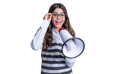 surprised teen girl announcer in studio. teen girl announcer on background.