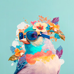 A small colorful illustrated drawn spring bird with a wreath of fresh flowers and wearing sunglasses. A symbol of spring. Illustration, Generative AI.