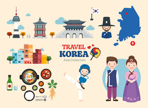 South Korea  Flat icons set. Korean traditional travel map and landmarks symbols and objects