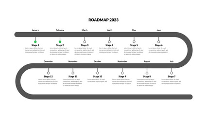 Yearly roadmap with monthly milestones on white background. Horizontal infographic timeline template for presentation. Vector.