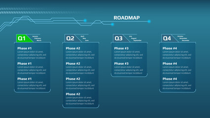 Horizontal quarterly roadmap in tech style on blue background. Timeline infographic template for business presentation. Vector.