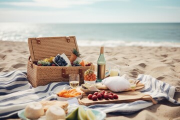 Realistic Beachside Picnic Scene, Cozy Setup on Sand, Seashells, Summer Vibes, Wicker Basket, Refreshing Drinks - Generative AI