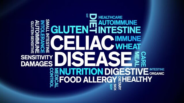 Celiac Disease animated tag word cloud;text design animation kinetic typography seamless loop.