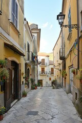 Fototapeta na wymiar A narrow street among the old houses of Sant'Agata de' Goti, a small town of Benevento province, Italy.