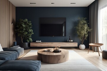 Contemporary lounge with pale walls, timber decking, orb table, duo navy seats and wall-mounted TV. Generative AI