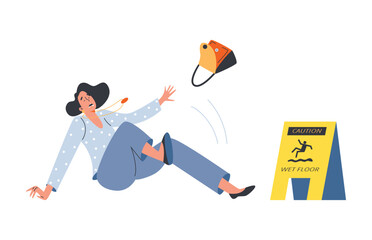 Woman falls by slipping on wet floor, cartoon flat vector illustration isolated.