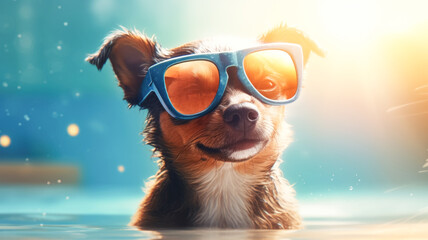 Funny cheerful dog in sunglasses on the background of blue water, outdoor pool, copy space. Beach vacation and travel concept