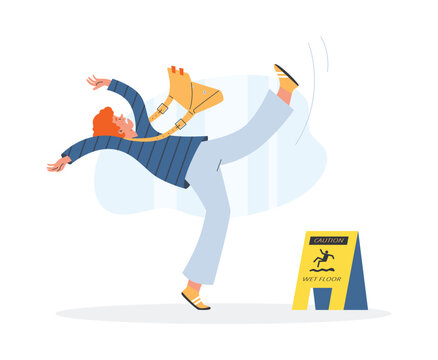 Woman slipped and fell on wet floor with warning sign, flat vector isolated.
