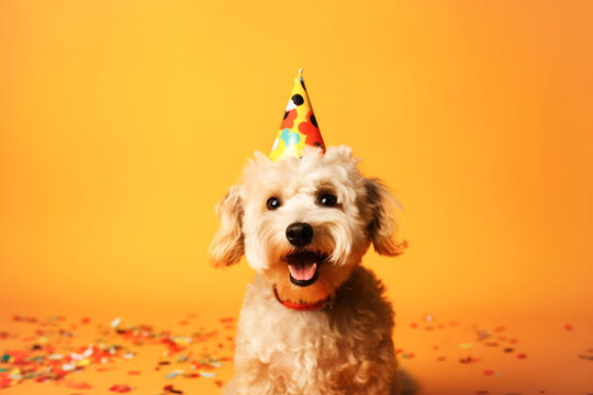 Cute little puppy in a party hat, portrait. Template for postcard, layout with copy space, print ready image. Concept of holiday. AI generated, illustration