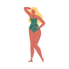 Blonde woman in green swimsuit flat style, vector illustration