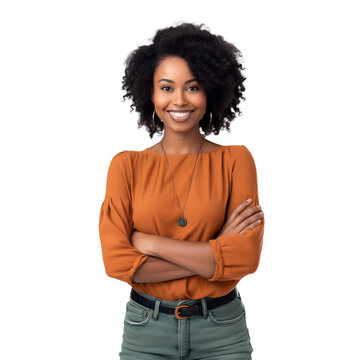 Portrait of young smiling african american woman looking at camera with crossed arms. Happy girl standing Successful businesswoman, isolated on white transparent background, ai generate