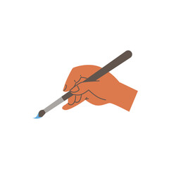 Human hand holding drawing art brush flat cartoon vector illustration isolated.