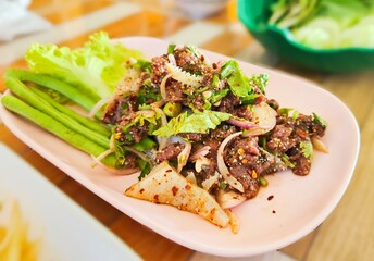 Thai Food, Isaan Food Dishes Larb Koi. Raw Beef Spicy Salad. Northeastern Thai Dishes.