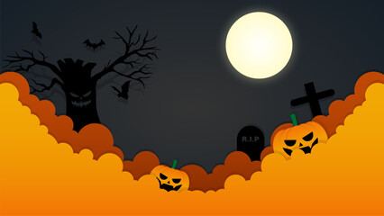 Halloween background with pumpkins, graveyard and moon. Vector illustration.