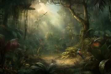A digital watercolor drawing of a rainforest landscape with trees, palms, birds, butterflies, parrots, and flamingos in consistent colors. Generative AI