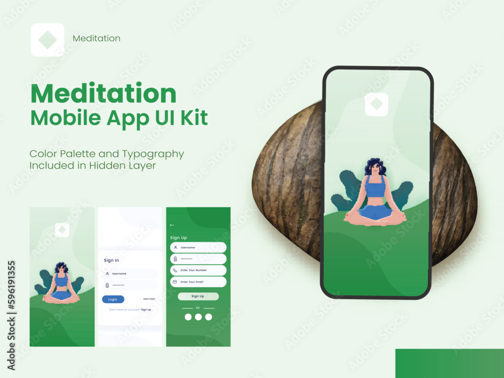 Poster set of ui, ux, gui screens meditation mobile app including sign in, create account and sign up for r