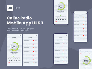 Online Radio Mobile App UI Kit Including FM Radio, Station Screens for Responsive Websites.