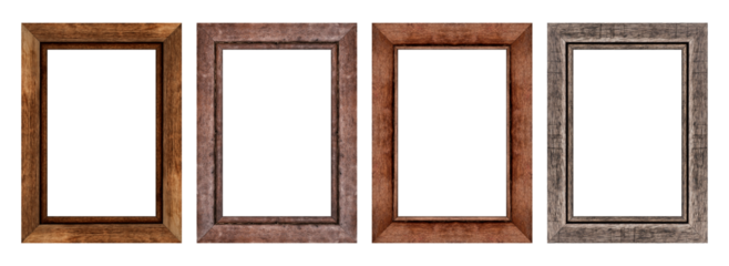 Set of brown wood frame isolated on white background. Vertical picture frame. Object with clipping path