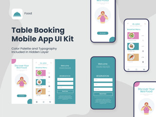 Table Booking Mobile App UI Kit Including Sign Up, Food Menu, Reservation Screen for Restaurant or Hotel.