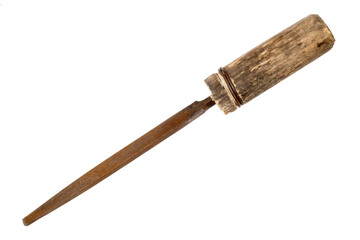 An antique file with a homemade wooden handle. Rusty file on a white background.