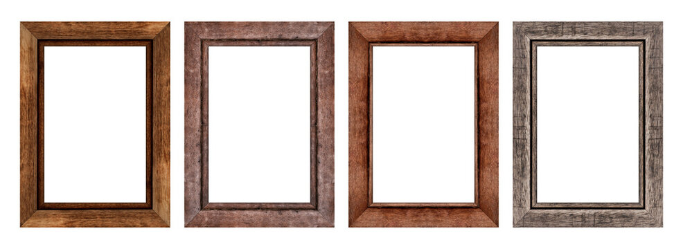 Set of brown wood frame isolated on white background. Vertical picture frame. Object with clipping path