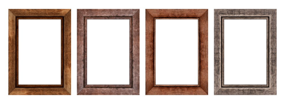 Set of brown wood frame isolated on white background. Vertical picture frame. Object with clipping path