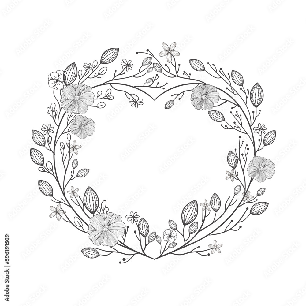 Sticker hand drawn wreath or floral frame in heart shape. generative ai illustration.