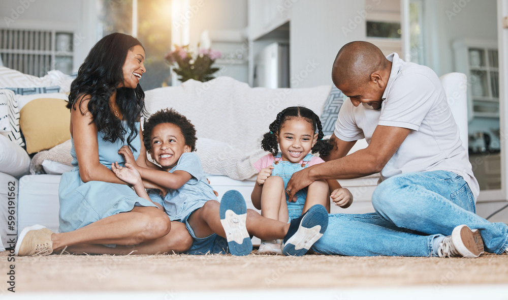 Wall mural Play, family and happy parents and children on floor for bonding, quality time and relaxing at home. Love, living room and mother, father and kids playing for relationship, development and happiness