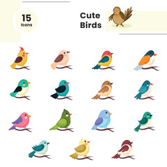 Diverse Types of Birds Sitting On Branch Icon In Flat Style.