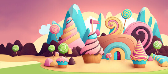 3D Render of Fantasy Colorful Candyland Background With Sweets, Clouds, Mountains Elements.
