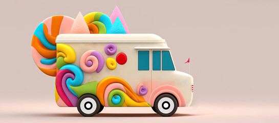 3D Render of Fantasy Colorful Food Truck of Candyland On Pink Background.