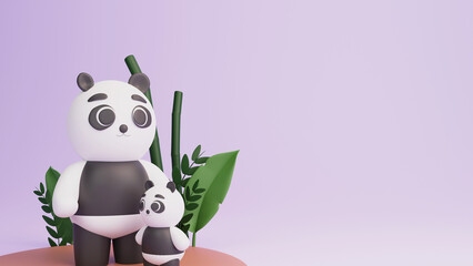 3D Render of Adorable Mother Panda Her Baby With Nature Background And Copy Space.