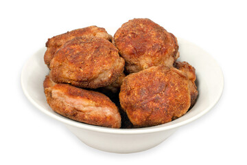 Meat cutlets in a plate on a white background. Homemade meatballs. Lots of meatballs on the plate.