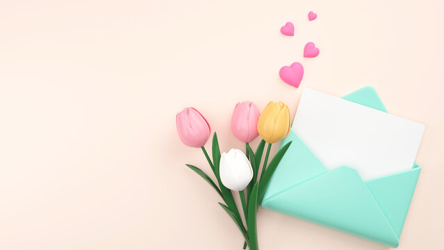 3D Render of Open Envelope With Blank Paper, Colorful Tulip Bouquet With Hearts Element. Mother's Day Concept.