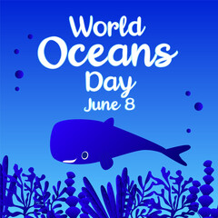 World oceans day 8 June. Save our ocean. Large whale and fish were swimming underwater with beautiful coral and seaweed background vector illustration.