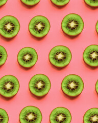 Fototapeta premium Summer fruit creative concept exotic refreshing flavor, fresh delicious fruit. A healthy summer snack, flat lay sliced ​​kiwi on pink background. Illustration, Generative AI.
