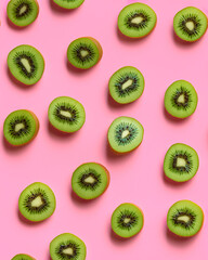 Fototapeta premium Summer fruit creative concept exotic refreshing flavor, fresh delicious fruit. A healthy summer snack, flat lay sliced ​​kiwi on pink background. Illustration, Generative AI.